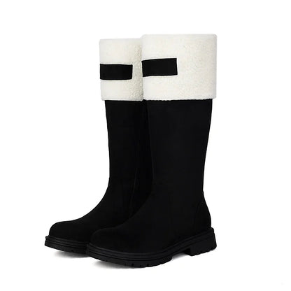 Colorblock Zipper Patchwork Round Toe Low Block Heel Mid Calf Boots