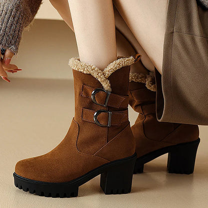 Two Straps Buckles Patchwork Round Toe Chunky Heel Mid Boots