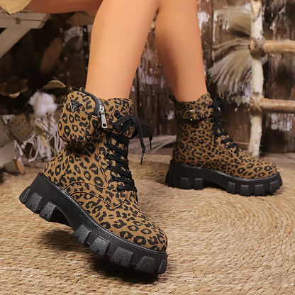 Pocket Decor Leopard Print Round Toe Chunky Heel Lace Up Mid Boots