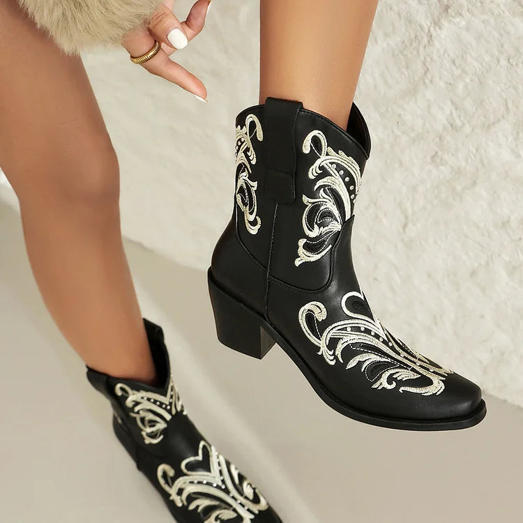 Embroidery Metallic Studded Square Toe Chunky Heel Western Boots