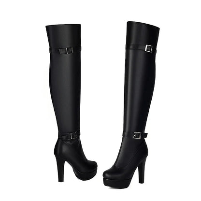 Two Strap Buckle Decor Zipper Round Toe Chunky Heel Over The Knee Boots