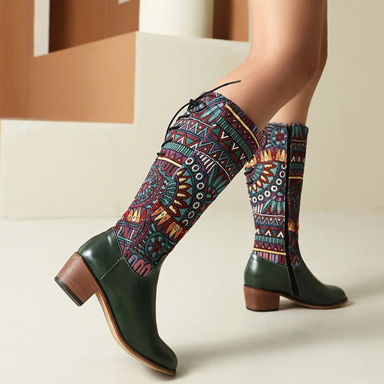 Multicolor Tribal Pattern Patchwork Lace Up Mid Calf Boots