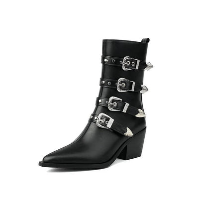 Multicolor Straps Buckles Pointed Toe Chunky Heel Mid Calf Boots