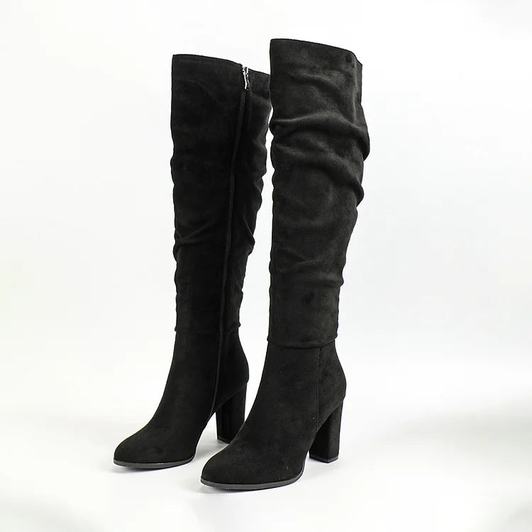 Pointed Toe Solid Color Chunky Heel Zipper Slouch Knee High Boots