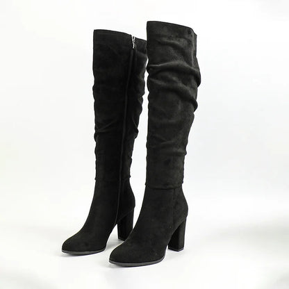 Pointed Toe Solid Color Chunky Heel Zipper Slouch Knee High Boots