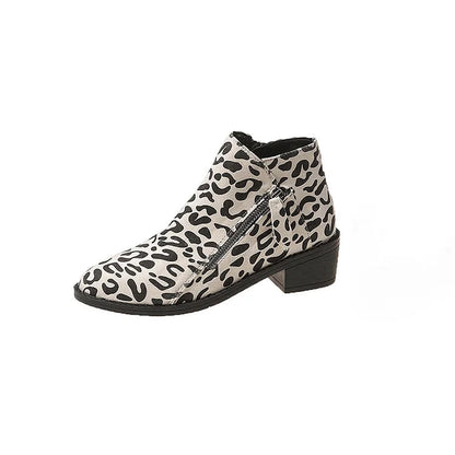 Leopard Print Zipper Pointed Toe Chunky Heel Ankle Boots