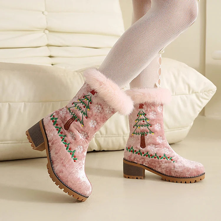 Christmas Tree Embroidery Fluffy Round Toe Chunky Heel Velvet Mid Boots