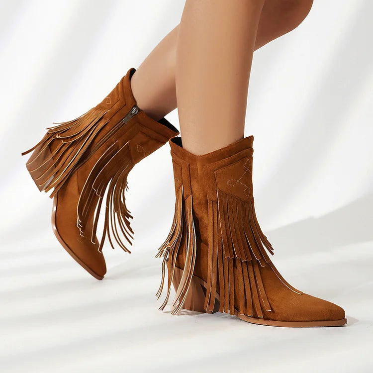 Multicolor Fringed Trim Zipper Pointed Toe Chunky Heel Western Boots