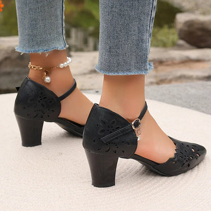 Openwork Design Pointed Toe Ankle Strap Buckle Chunky Heels