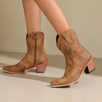 Patchwork Pointed Toe Chunky Heel Zipper Western Boots