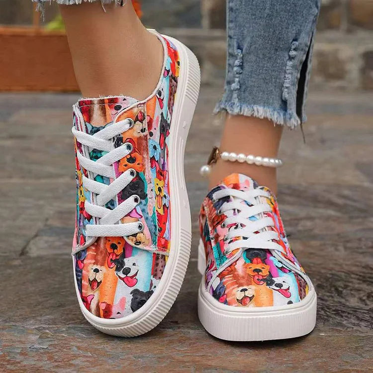 Canvas Multicolor Print Round Toe Slip On Lace Up Sneakers