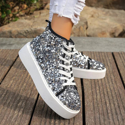 Sequins Decor Round Toe Lace Up Casual High Top Sneakers