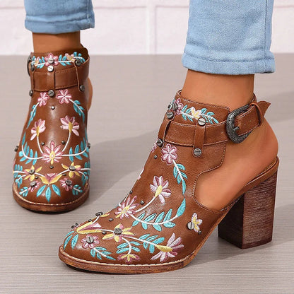 Floral Leaf Embroidery Round Toe Slingback Chunky Heels