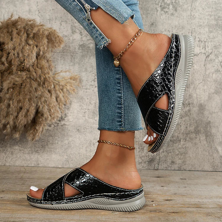 Crocodile Embossed Cross Belt Soft-Soled Wedge Slippers