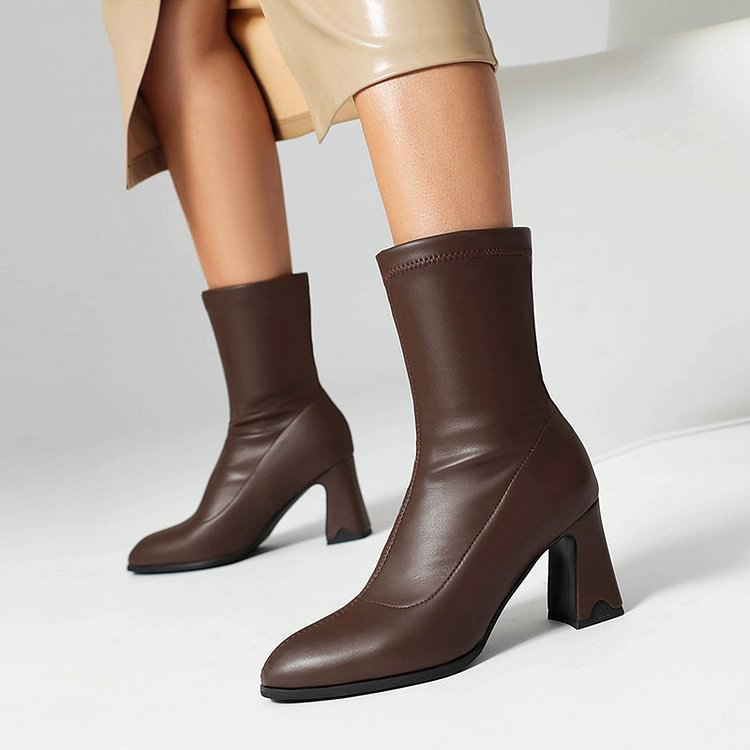 Metallic Sheen Solid Color Pointed Toe Chunky Heel Mid Calf Boots