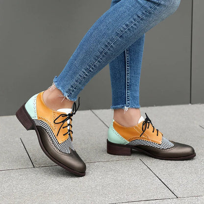 Color Block Lace Up Pointy Toe Casual Brogue Oxfords