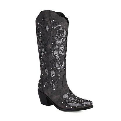 Rhinestone Decor Hollow Out Patchwork Pointed Toe Mid Calf Boots