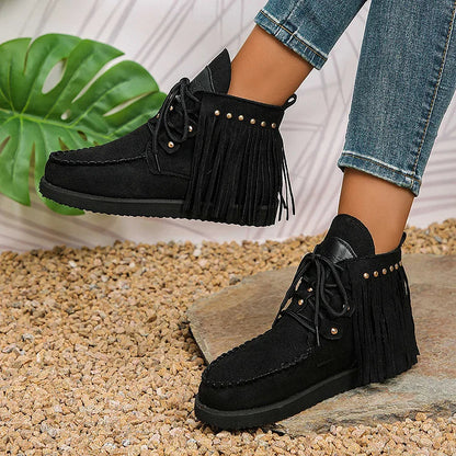 Fringed Trim Round Toe Metal Rivets Lace Up Ankle Boots