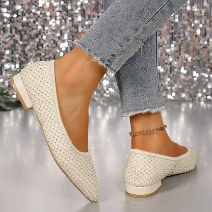 Rhinestone Decor Fishnet Patchwork Pointed Toe Flats