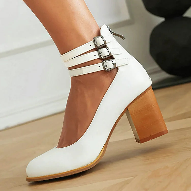 Casual Ankle Straps Buckles Plain Chunky Heels