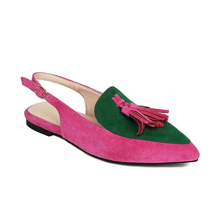 Color Block Fringed Trim Slingback Pointy Toe Flats