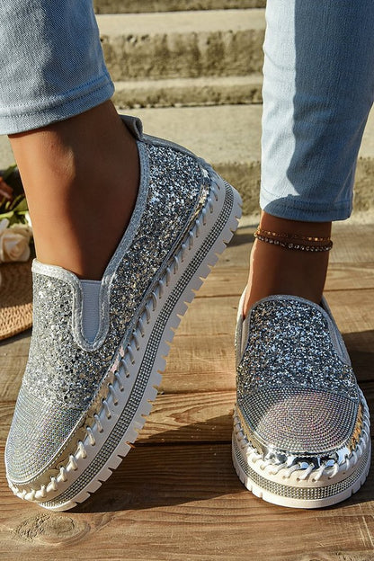 Rhinestone Decor Glittering Stitch Detail Round Toe Loafers