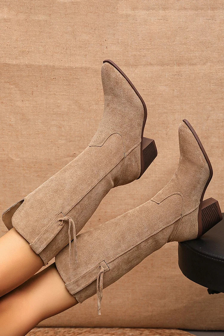 Fringed Trim Patchwork V Cut Pointed Toe Chunky Heel Mid Calf Boots