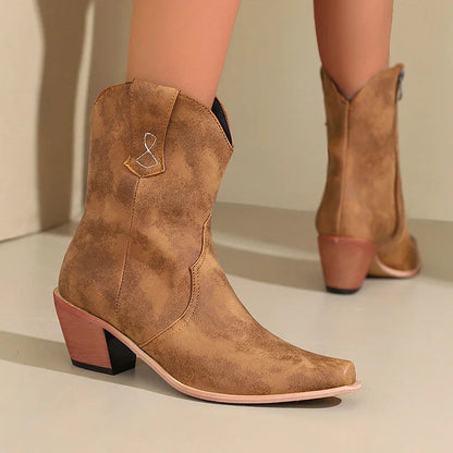 Patchwork Pointed Toe Chunky Heel Zipper Western Boots