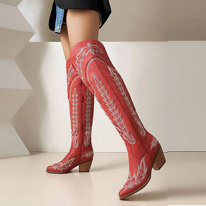 Embroidery V Cut Zipper Pointed Toe Chunky Heel Over The Knee Boots