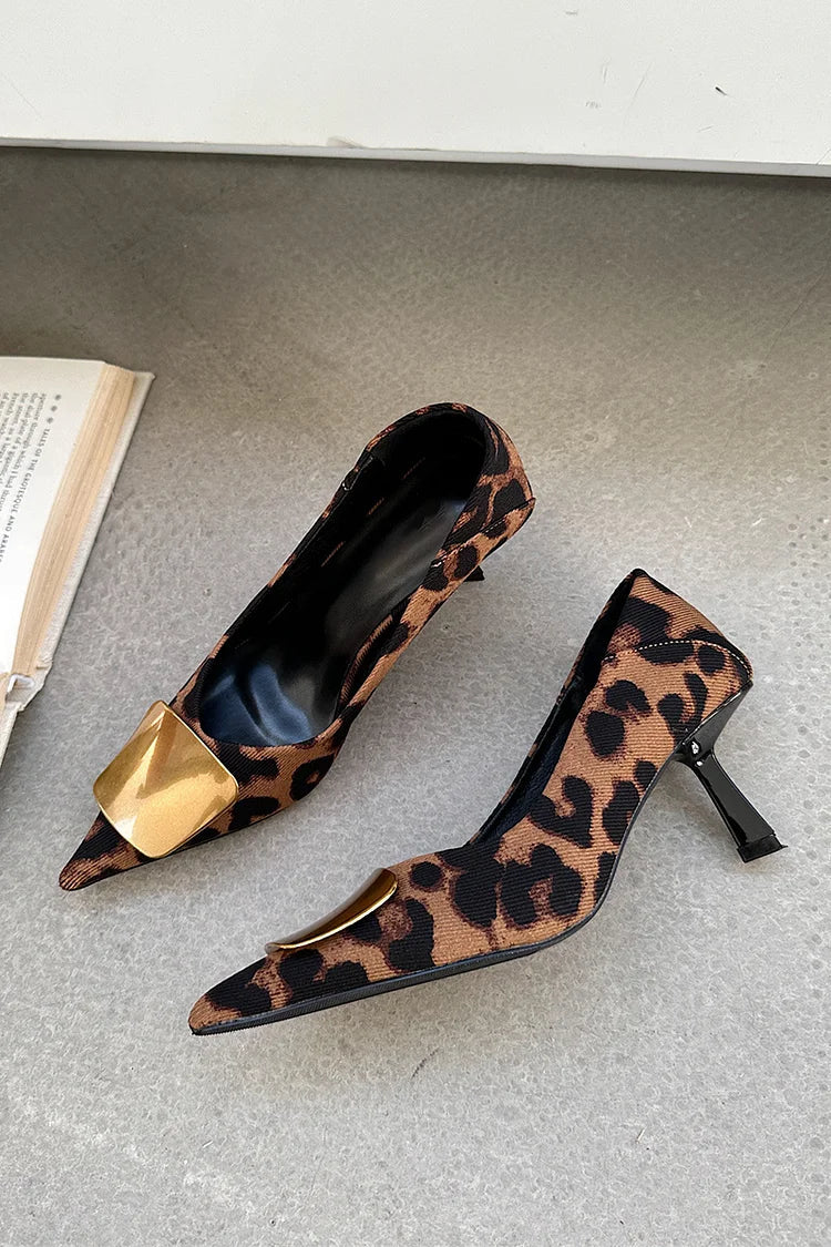 Metal Decor Leopard Print Pointed Toe Stiletto Heels