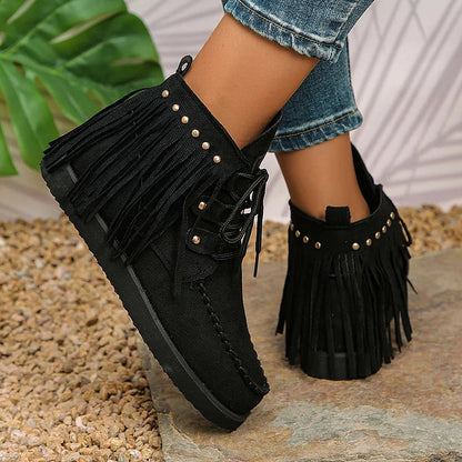 Fringed Trim Round Toe Metal Rivets Lace Up Ankle Boots