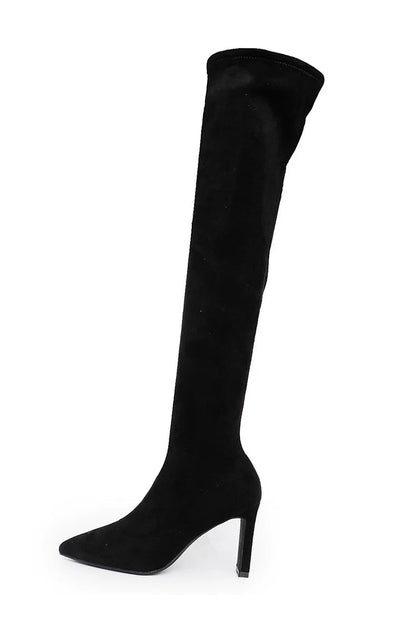 Pointed Toe Chunky Heel Solid Color Pull On Over The Knee Boots