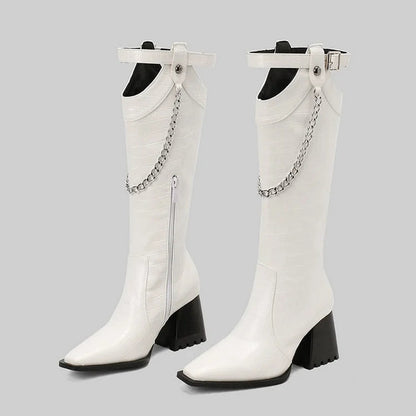 Chain Strap Buckle Decor Crocodile Print Pointed Toe Knee High Boots