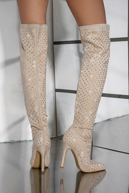 Rhinestone Decor Pointed Toe Stiletto Heel Over The Knee Boots