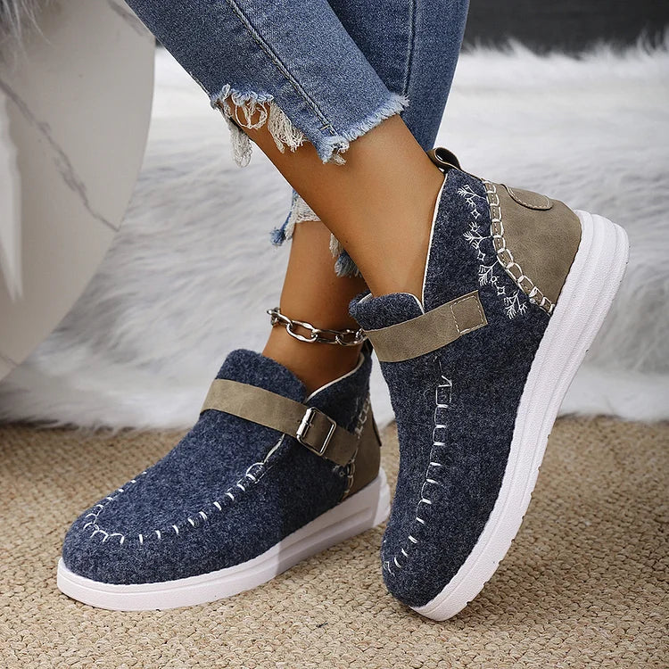 Colorblock Stitch Detail Patchwork Strap Buckle Round Toe Snow Boots