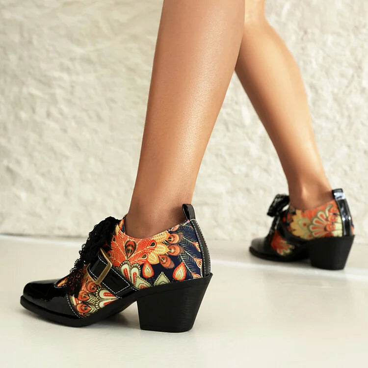 Roses Skull Print Patchwork Tied Up Lace Square Toe Chunky Heel Oxfords