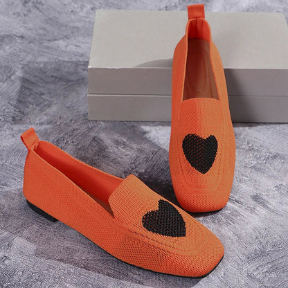 Heart Print Square Toe Knit Breathable Casual Slip Flats