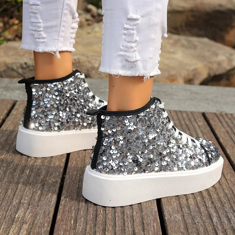 Sequins Decor Round Toe Lace Up Casual High Top Sneakers