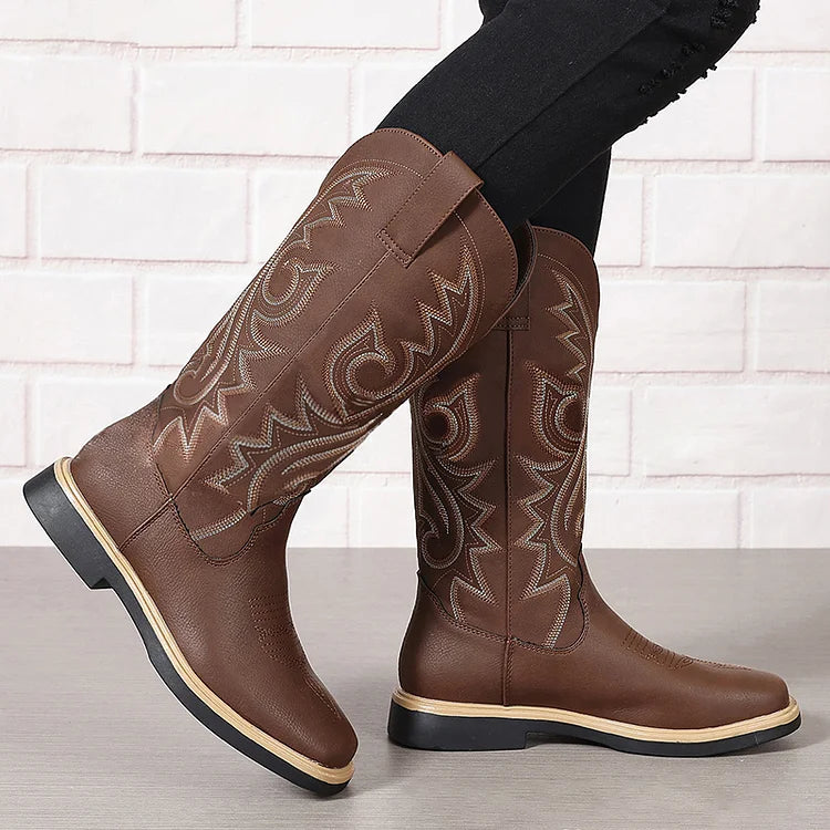 V Groove Embroidery Stitch Detail Square Toe Patchwork Mid Calf Boots