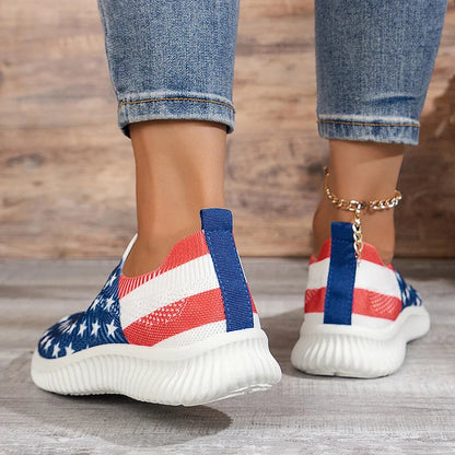 Striped Star Pattern Print Slip On Casual Lightweight Sneakers