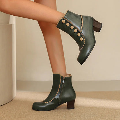 Buttons Colorblock Trim Round Toe Chunky Heel Ankle Boots