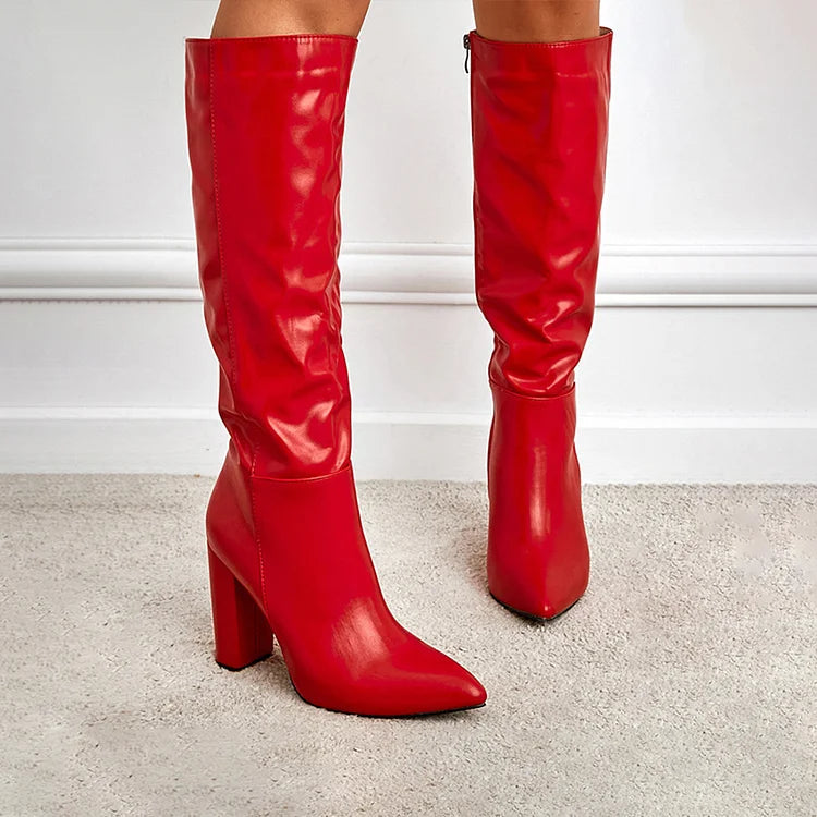 Patchwork Chunky Heel Solid Color Zipper Pointed Toe Knee High Boots