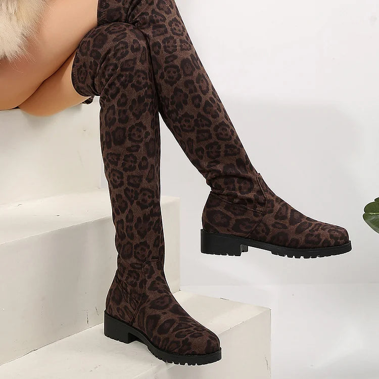 Solid Color Round Toe Patchwork Low Block Heel Over The Knee Boots