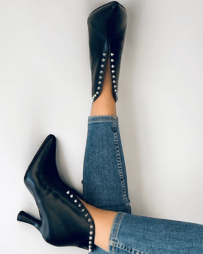 Studded Leather V-Cut Heeled Boots [Pre Order]