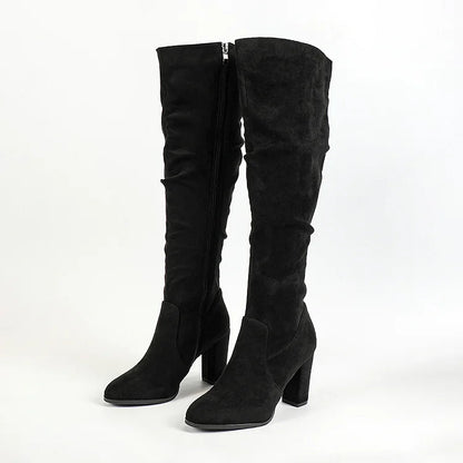 Zipper Solid Color Patchwork Pointed Toe Chunky Heel Knee High Boots