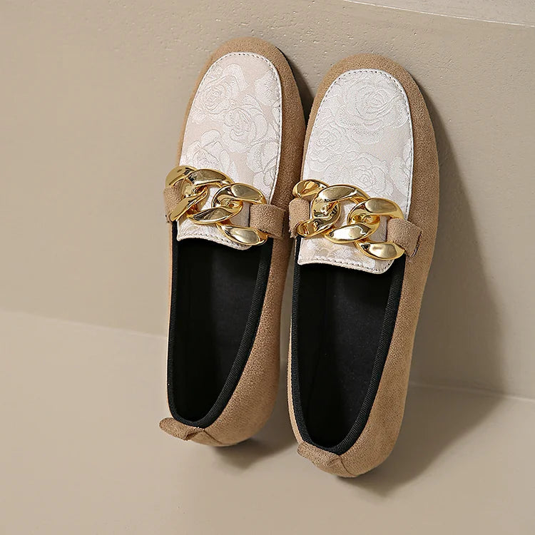 Floral Jacquard Patchwork Metal Chain Decor Round Toe Loafers