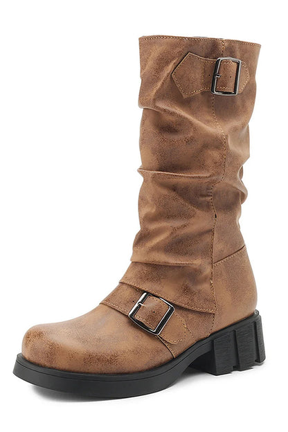 Solid Color Two Straps Buckles Round Toe Chunky Heel Mid Boots