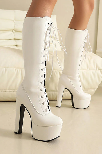 Round Toe Solid Color Lace Up Chunky Heel Platform Knee High Boots