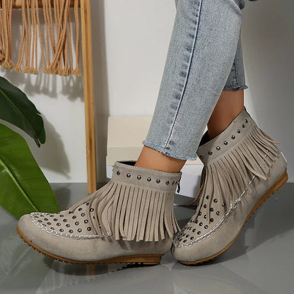 Metal Rivets Round Toe Fringed Trim Zipper Ankle Boots