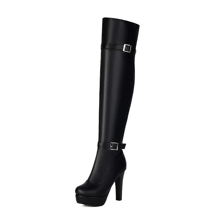 Two Strap Buckle Decor Zipper Round Toe Chunky Heel Over The Knee Boots